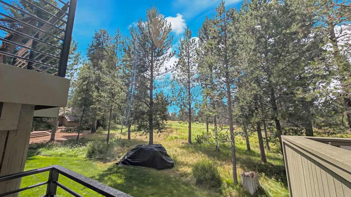 A serene view of tall pine trees, expansive green grass, and distant buildings, evoking a sense of the vast outdoor spaces available in Sunriver. The peaceful environment is ideal for nature walks, birdwatching, or riverside picnics.